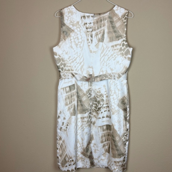 Tahari Satin Abstract Ivory/Brown Animal Print Sheath Sleeveless Lined Dress - Picture 4 of 13